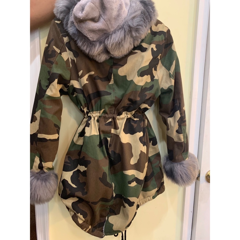 Camouflage faux fur coat